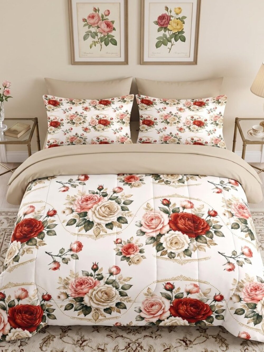 7 Pcs King Size Comforter Set, Floral Rose Bedding